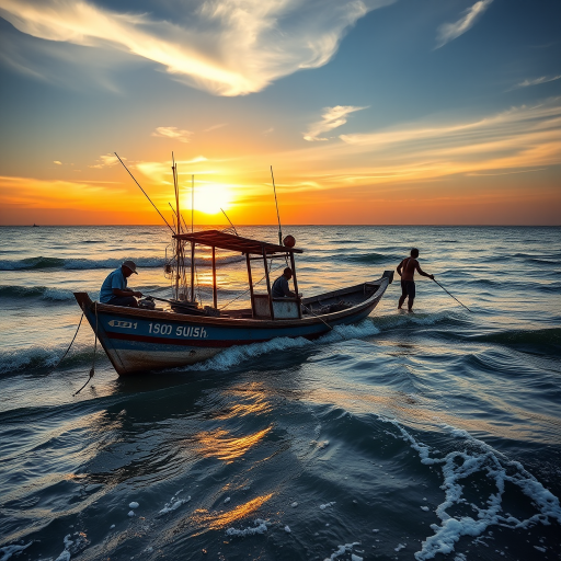 A vibrant coastal scene featuring a fishing boat struggling in shallow waters, with fishermen at work, captured at sunset, using a Canon EOS 5D Mark IV, f/8 aperture, ISO 100, 24mm lens, with a shallow depth of field and a warm color balance.