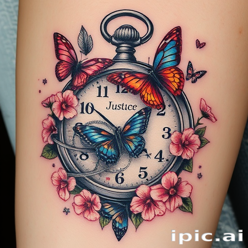 Surrealist tattoo titled "Dreamscape Fusion" portraying a melting pocket watch intertwined with blooming flowers and floating butterflies, blending reality and fantasy in a striking and thought-provoking design