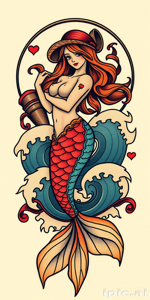 Neotraditional mermaid tattoo featuring bold outlines, saturated colors, and stylized waves, incorporating elements of Art Nouveau with flowing lines and decorative flourishes for a captivating nautical design