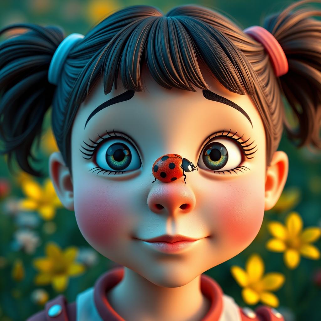 whimsical comical cartoon art Quentin Blake style, closeup portrait view of a cute girl with two ponytails in her hair, an adorable ladybug sits on her nose, funny children’s book illustration with bright colors and flowers in the background