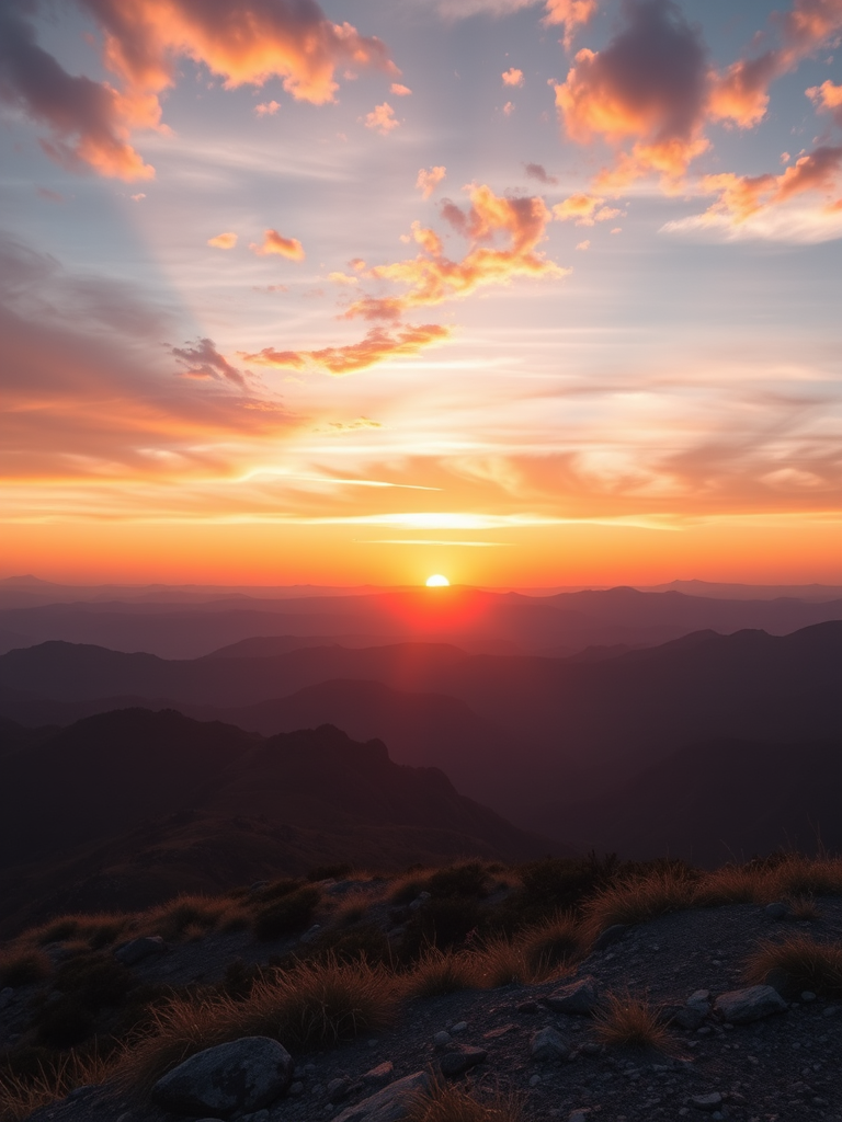 Create a high-resolution image of a serene landscape featuring a sunset over mountains, captured with a Canon EOS R5, 24mm focal length, f/11 aperture, ISO 100, shot in a landscape orientation with vivid colors and soft lighting.