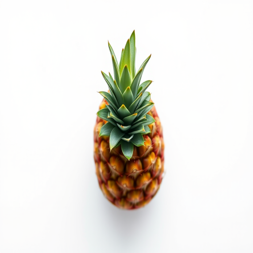 Create a hyper-realistic rendering of a pineapple on a white background, using a DSLR camera at f/2.8 aperture, 50mm lens, ISO 100, balanced lighting for enhanced detail and clarity, top-down view with shallow depth of field.