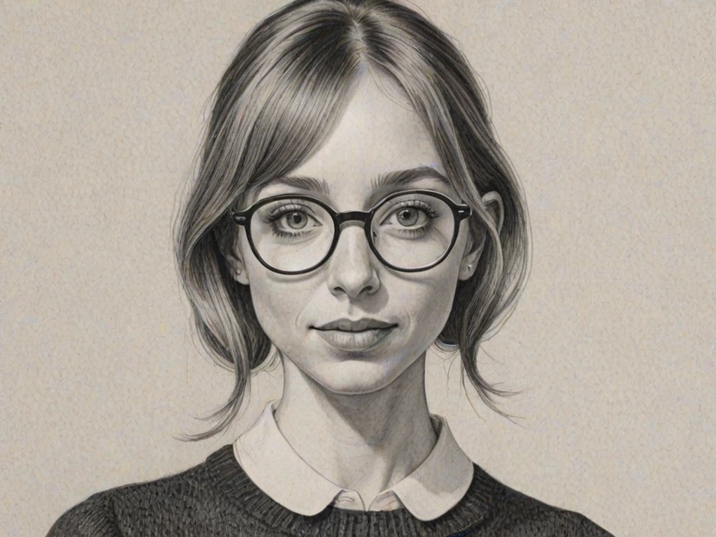 Enticing Lauren Lapkus, pencil sketch, portrait of Fascinating woman 1966s in glasses, hair style beatnik, outline, clear lines, fine lines, 8k