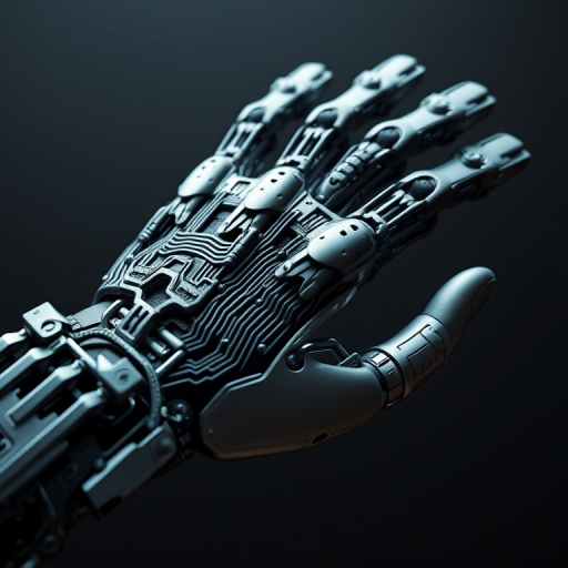 futuristic mechanical hand, intricate circuit-like patterns, high contrast, 3D rendering, ISO 100, f/8, 1/60s, wide-angle view, studio lighting, digital camera, realistic textures