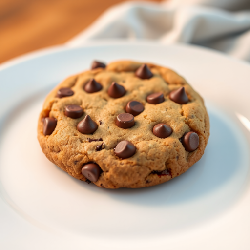 Generate a high-resolution illustration of a chocolate chip cookie on a white plate with a soft-focus background, using a DSLR camera with a 50mm lens, aperture set to f/2.8 for shallow depth of field, and a warm color temperature of 5500K.