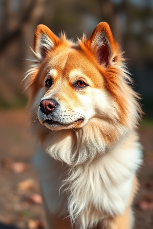 Eurasian dog with fluffy fur standing outdoors in natural light, captured with a Canon EOS 5D Mark IV at f/2.8, ISO 200, 1/500s, using a 50mm lens from a low angle to emphasize the dog's face and fur texture.