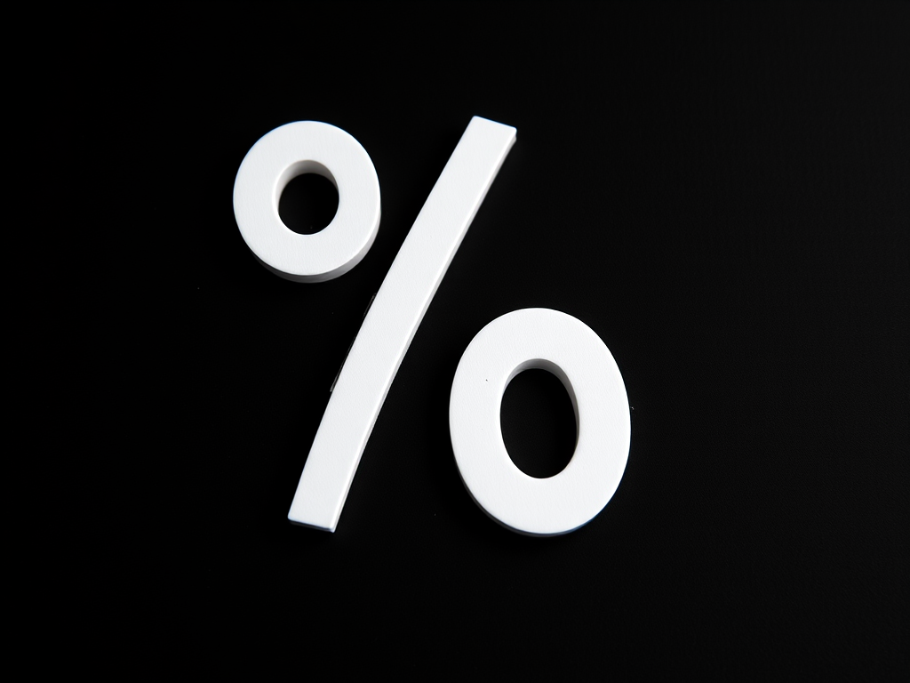 Create a high-resolution image of a percentage symbol on a black background, using a Canon EOS R5 camera, 50mm lens, f/1.8 aperture, ISO 100, and a shallow depth of field for a clean and sharp focus effect.