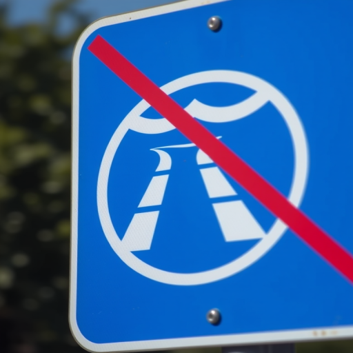 Create a high-resolution image of a no highway sign featuring a blue background with a white symbol of a highway and a red diagonal line over it, captured with a DSLR camera at f/8 aperture, ISO 100, 24mm focal length, in a bright daylight setting, with a shallow depth of field for enhanced clarity.