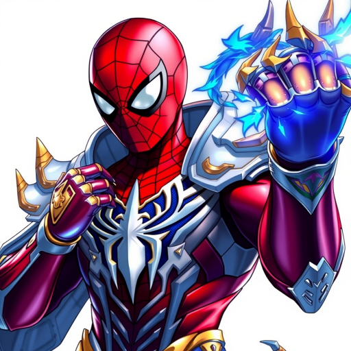 A high-budget, anime-style wallpaper featuring Spiderman in an epic White, blue red Kirin armor. Golden dragon gloves, the gloves is in the shape of dragon heads, Golden dragon head gloves, White glossy eyes, The armor is designed with metallic details that reflect light, showcasing intricate Kirin motifs. Spiderman's armor is a striking gradient of blue, red and white, with Colorful galaxy inner sections, making it look both powerful and sleek. The background is flat white, with Kirin-shaped blue-violet glowing rune relic to give the impression power, striking pose, the Kirin's armor is dominantly in white, with some details in blue and red, Cinematic anime action scene, cinematic action pose, medium shot action portrait, dramatic effect of shadow and light.