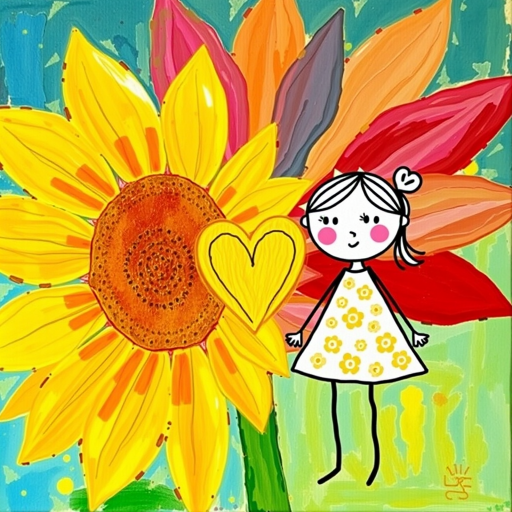 Stylized impressionism painting of a large sunflower with an oversized center and colorful petals. Beside, a young female character with eyes represented by dots and a mouth by a line, pink cheeks, hair attached, arms and legs a black line, flowery white dress triangle shape. A yellow heart surrounded by a black line between the two. Textured background with touches of colorful paint. Childish style.