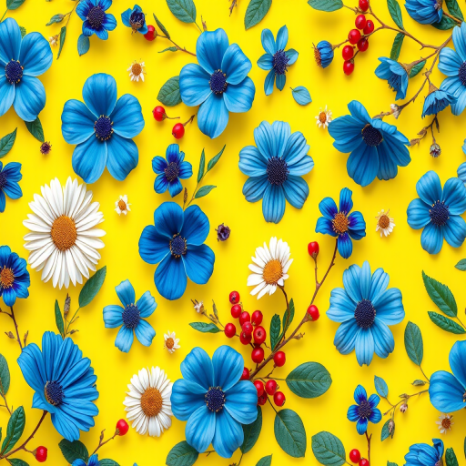 Create a vibrant floral pattern on a bright yellow background featuring various blue flowers, white daisies, red berries, and leafy branches, captured with a DSLR camera at f/5.6, ISO 100, 50mm lens, soft focus style.