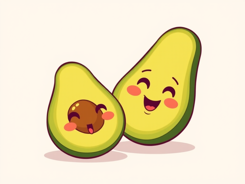Generate a cheerful cartoon illustration of a whole avocado and a halved avocado with smiling faces, soft pastel background, use a 50mm lens with f/2.8 aperture, shot in natural light, digital art style.