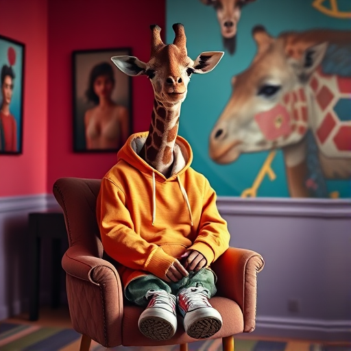Create an image of a giraffe wearing a stylish hoodie and sneakers sitting on a chair in a colorful room, 50mm lens, f/1.8 aperture, ISO 200, soft lighting, cinematic style, DSLR camera.