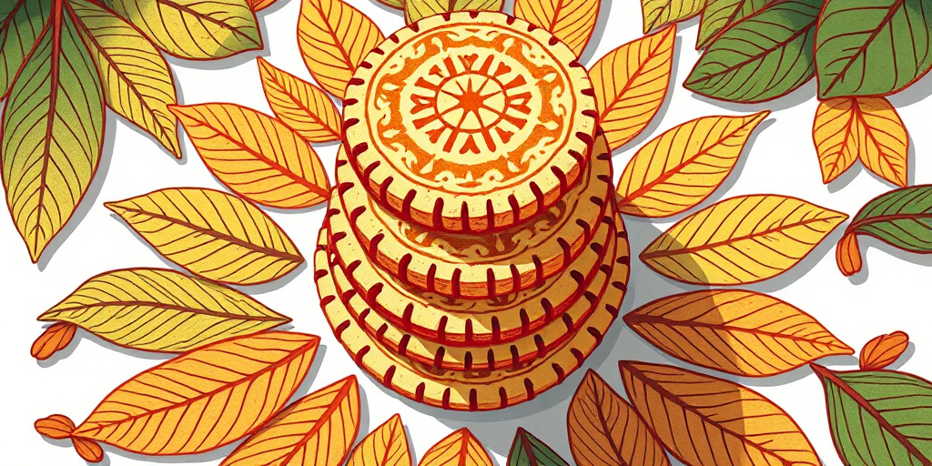 Create a vibrant illustration of stacked cookies with intricate leaf designs around them, using a DSLR camera at f/8 aperture, 50mm lens, ISO 100, in a top-down view with soft natural lighting for enhanced detail and color richness.