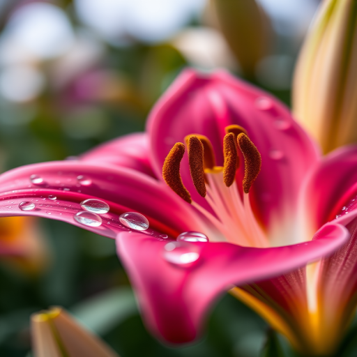 Create an ultra-detailed close-up image of a vibrant lily flower with dew drops on its petals, using a DSLR camera set to f/1.8 aperture, ISO 100, shutter speed 1/200s, shot from a low angle with a soft bokeh background to enhance the colors and create a dreamy effect.