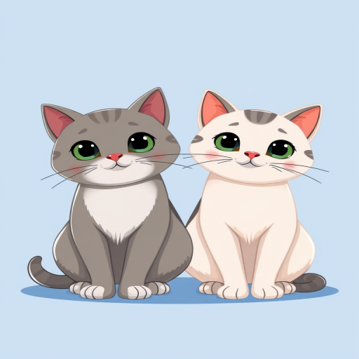 Create a digital illustration of two cartoon cats sitting side by side, one with a gray head and a white body, the other with a similar design, use a flat blue background, camera type: digital illustration, camera view: front-facing, camera style: vector art, enhance image quality with high resolution and vibrant colors.