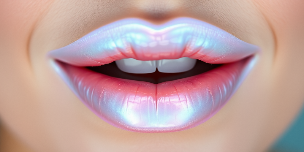 Iridescent pearl lips with a delicate, opalescent sheen, resembling the inside of a seashell for an ethereal, mermaid-inspired look