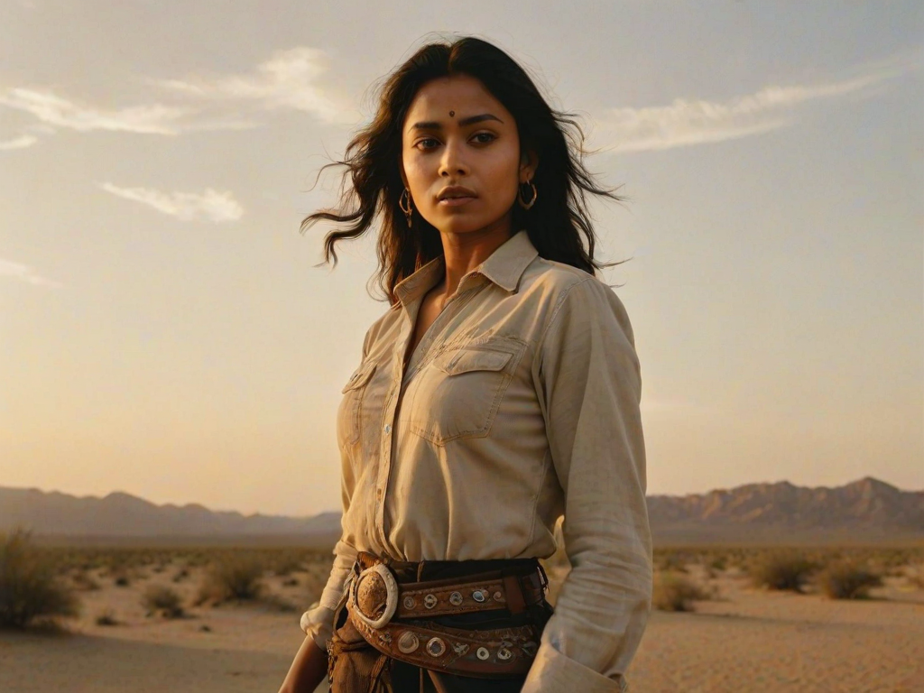 Dramatic photo of a beautiful Bangladeshi woman, classic cowboy attire, confident and free spirit expression, half-length portrait, centered, golden hour desert landscape, warm, diffused light, low angle, medium format film camera, in style of Annie Leibovitz.