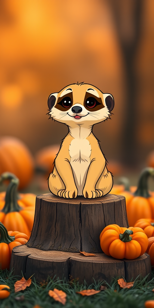 A cute cartoon meerkat sitting on a wooden stump surrounded by pumpkins, soft warm lighting, 50mm lens, f/1.8 aperture, ISO 100, shallow depth of field, DSLR camera.