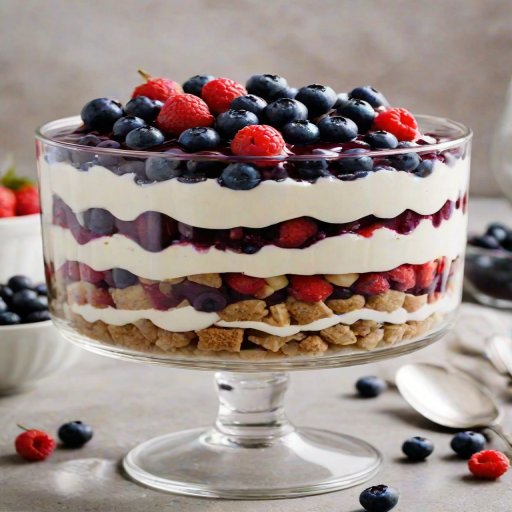 Create an enticing dessert image featuring a layered trifle with creamy layers, fresh blueberries, and a glossy berry sauce. The trifle should be presented in a clear glass dish, showcasing the vibrant colors and textures. Include a spoonful of the dessert being lifted out, with some blueberries cascading down. The background should be softly blurred to keep the focus on the trifle.