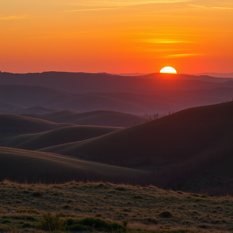 Generate an image of a serene landscape with rolling hills and a sunset, captured with a Canon EOS 5D Mark IV, 50mm lens, f/8 aperture, ISO 100, 1/125s shutter speed, using a wide-angle view to enhance the depth and richness of colors.