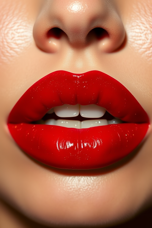 Luscious crimson pout adorned with delicate golden flecks, glossy finish catching the light, plump and voluptuous shape framed by smooth skin, vibrant and alluring Ruby Starlight lips