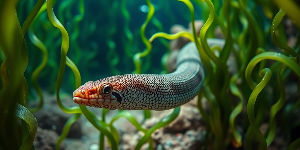 Create an underwater scene featuring a detailed eel swimming among vibrant green seaweed, captured with a DSLR camera using a 50mm lens, f/2.8 aperture, ISO 200, shot in macro mode, focusing on the texture of the eel's skin and the undulating seaweed, with natural lighting to enhance colors.