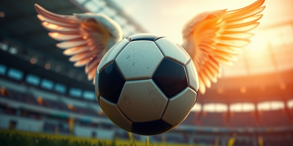 Create an illustration of a soccer ball with angel wings, using a high-resolution 4K format, shot from a dynamic low-angle perspective, with vivid colors and sharp contrasts, utilizing a DSLR camera with a 50mm lens at f/1.8 for a shallow depth of field.