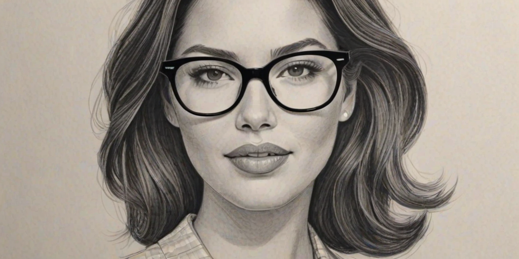 Wonderful Olivia Munn, pencil sketch, portrait of Superb woman 1956s in glasses, hair style beatnik, outline, clear lines, fine lines, 8k