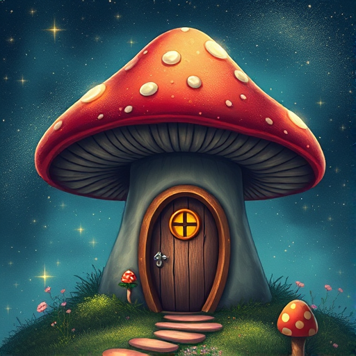 create illustration of a mushroom house with a door and a window, a storybook , fantasy art, mushroom house, bg starry sky, sparkles