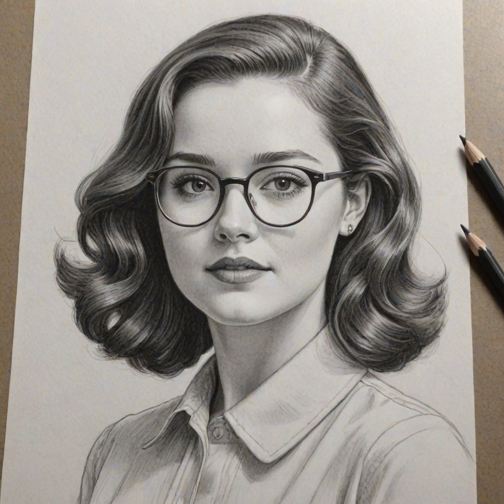 Alluring Madison Davenport, pencil sketch, portrait of Comely woman 1950s in glasses, hair style beatnik, outline, clear lines, fine lines, 8k