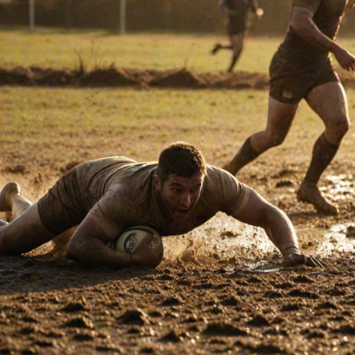 Blurry action shot of a rugby player diving across the try line in a muddy field, soft golden light from the setting sun casting long shadows on the ground, with distant teammates cheering in the background.