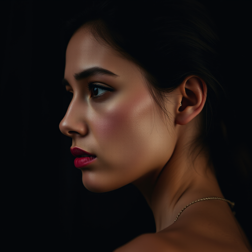 Create a high-quality portrait of a woman in profile, with soft dramatic lighting and a moody atmosphere, captured with a Canon EOS R5, 85mm f/1.2 lens, aperture set to f/1.2, ISO 100, shutter speed 1/200s, with a focus on her expressive features and subtle textures of her skin against a blurred dark background.