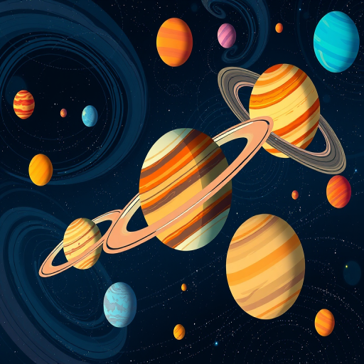Create a colorful illustration of planets in space, featuring various sizes and styles of planets with rings, a starry background, and swirling cosmic patterns, shot with a digital camera, f/8 aperture, 24mm focal length, ISO 100, and a vibrant color palette for enhanced clarity and detail.