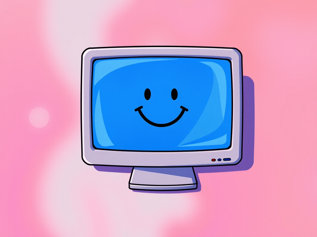 Create a vibrant digital illustration of a computer monitor with a blue screen featuring a simple smiley face, using a 50mm lens, aperture f/8, ISO 100, top-down view, and a digital art style for high quality and clarity.