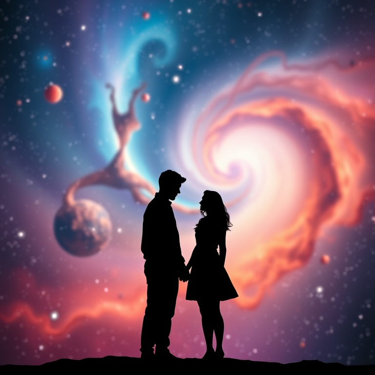 Photograph two silhouettes holding hands in a colorful cosmic scene with swirling galaxies, soft focus, ISO 100, f/2.8 aperture, 1/60s shutter speed, wide-angle lens, shot with a DSLR camera.