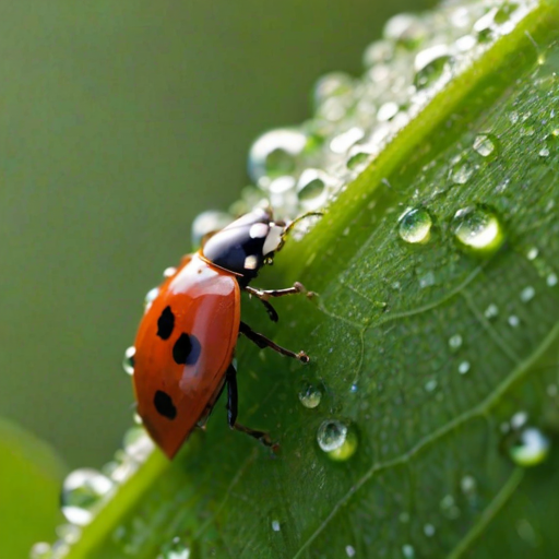 High-resolution close-up of a ladybug crawling across the edge of a bright green leaf, tiny dew droplets clinging to the leaf's surface, with soft morning light creating a peaceful atmosphere.