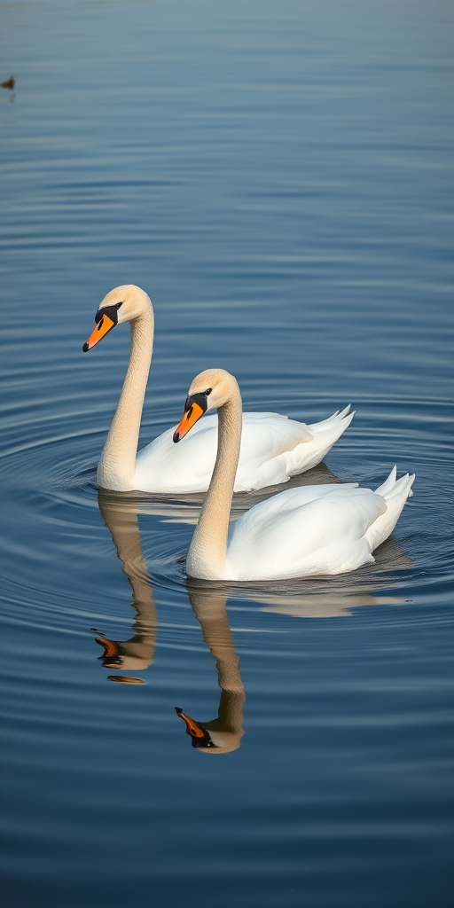 Create an image of two swans swimming gracefully on a calm water surface, capturing their reflection, use a Canon EOS 5D Mark IV with an 85mm lens, aperture f/2.8, shutter speed 1/200s, ISO 200, in natural light for enhanced clarity and detail.