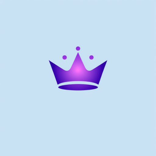 Create a minimalist logo featuring a stylized crown with a gradient of purple shades, white highlights, and a soft blue background, captured with a Canon EOS R5 at f/4, ISO 100, 35mm lens, in soft natural lighting for enhanced clarity and depth.