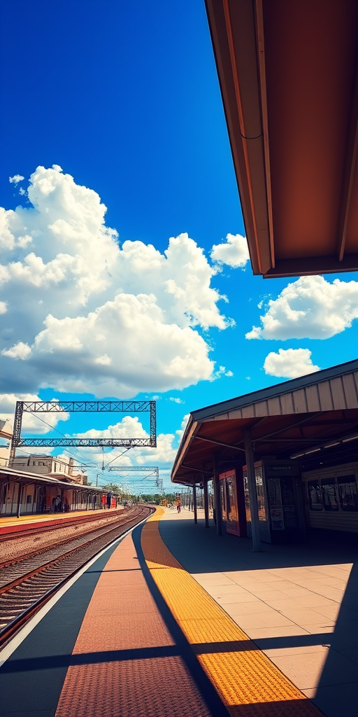 generate an image of a train station platform during the day with vibrant colors, a clear blue sky and fluffy clouds, focus on detailed shadows and lighting, wide-angle view, DSLR camera settings f/8, ISO 100, shutter speed 1/250, warm color tones, high resolution illustration style