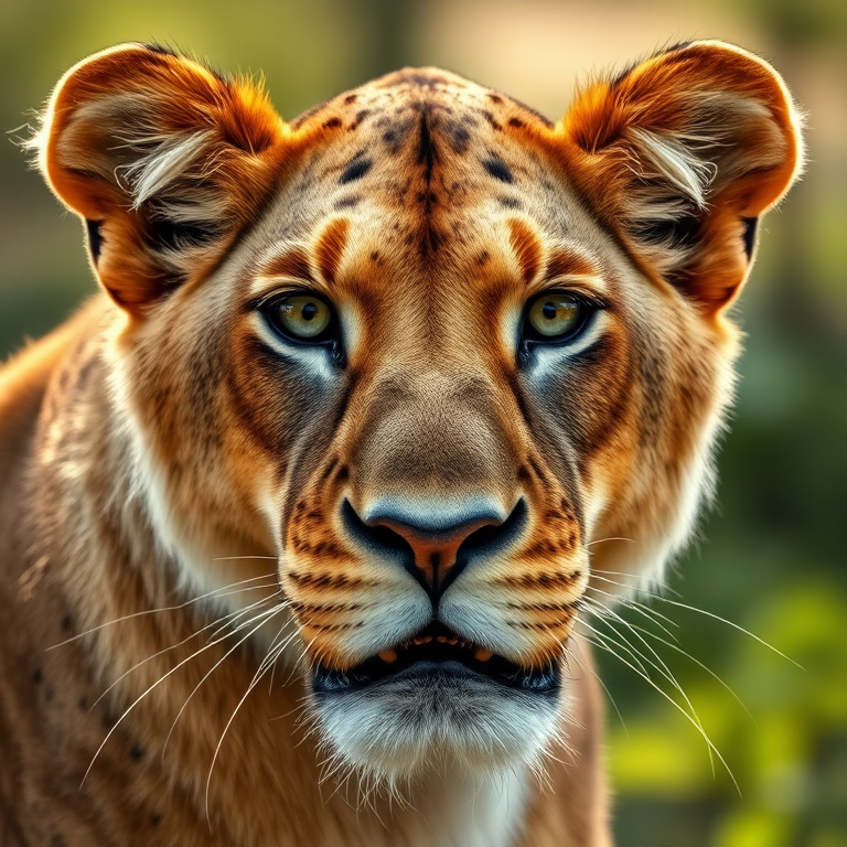 Create a realistic and detailed illustration of a lioness's face, captured with a DSLR camera at f/1.8 aperture, ISO 100, 85mm lens, in natural light with a shallow depth of field for a soft background effect.