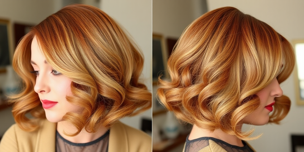 Vintage-inspired hair style showcasing finger waves in a rich honey blonde hue styled into a glamorous faux bob silhouette