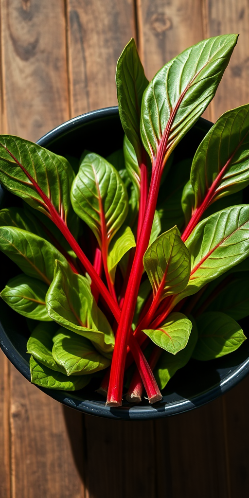 close-up of fresh green leaves with red stems placed in a black bowl on a wooden surface, natural sunlight, aperture f/2.8, ISO 200, shutter speed 1/125s, macro lens, top-down view, DSLR camera