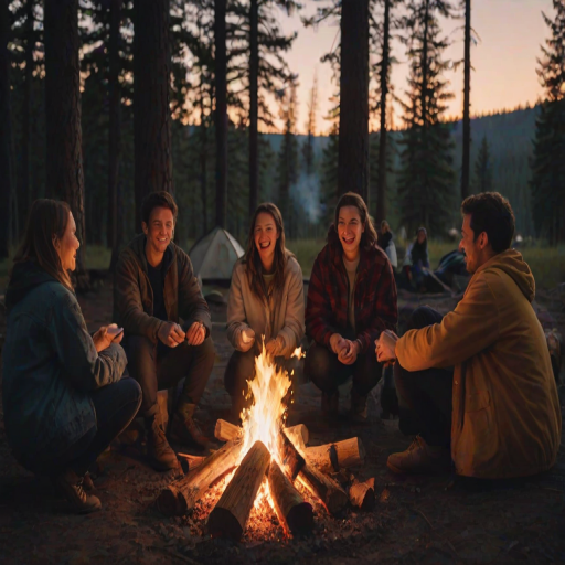 Low-resolution photo of a group of friends sitting around a campfire at dusk, soft glow from the flames illuminating their faces, distant laughter filling the air, marshmallows roasting on sticks, shadows flickering on the trees surrounding the campsite.