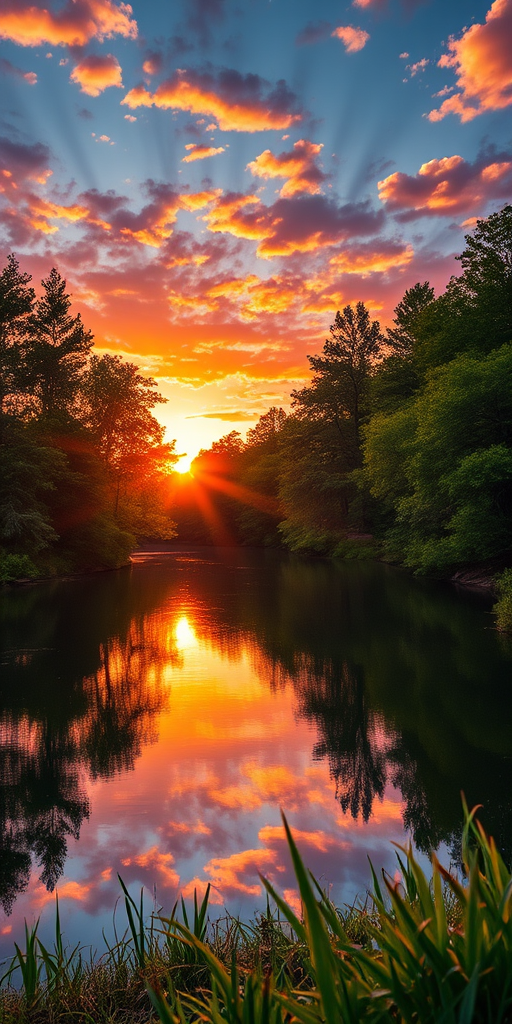 Capture a serene landscape at sunrise with vibrant colors reflecting on a calm lake surrounded by lush trees, using a DSLR camera, ISO 100, f/8 aperture, 1/200 sec shutter speed, wide-angle lens, and golden hour lighting to enhance image quality.