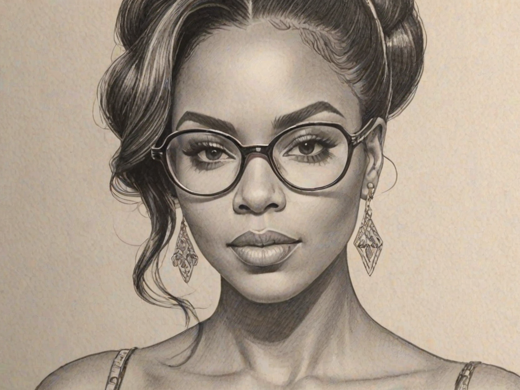 Bewitching Ashanti, pencil sketch, portrait of Enticing woman 1977s in glasses, hair style beatnik, outline, clear lines, fine lines, 8k