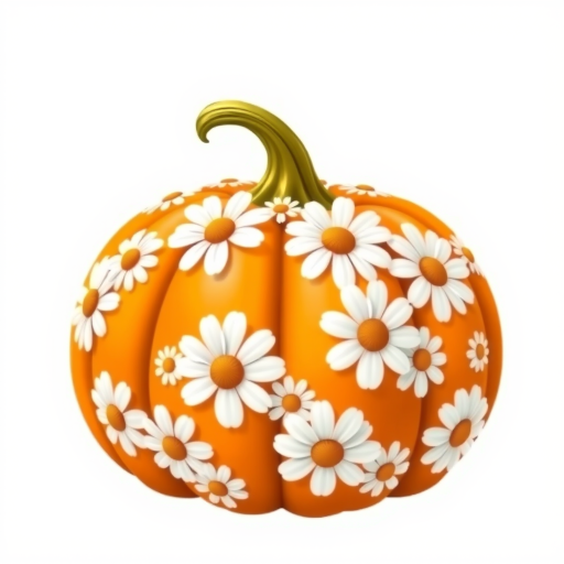a whimsical orange pumpkin with white daises pattern covering the pumpkin. Solid white background sublimation vector 3000dpi 32k