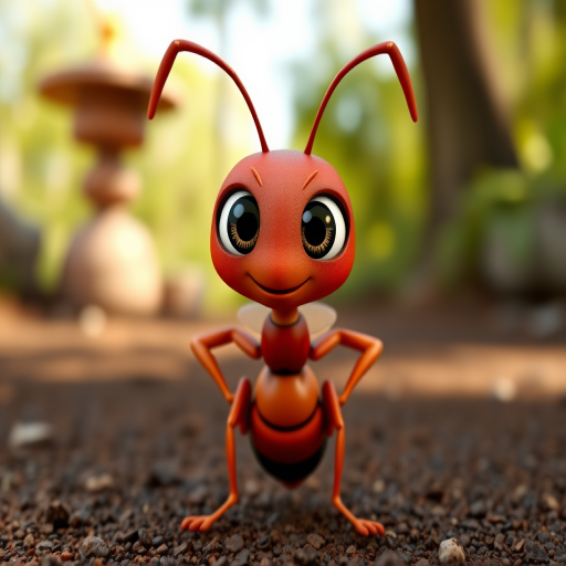 Create a high-resolution 3D rendering of a cartoon-style ant character with large expressive eyes, standing confidently with hands on hips, shot from a low angle using a DSLR camera at f/2.8 aperture, 50mm lens, and natural lighting for a vivid and dynamic appearance.