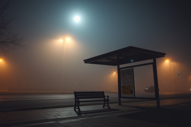 moonlit bus stop in foggy night, ISO 200, f/2.8, 30 seconds exposure, wide-angle lens, DSLR camera, low angle view, cinematic style, high dynamic range imaging, sharp focus on bench and shelter, soft bokeh background
