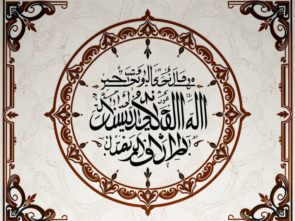 Create an intricate Arabic calligraphy design featuring the phrase "There is no god but Allah, and Muhammad is the Messenger of Allah" within a circular frame, use a marble texture background with ornate borders, set the camera to 50mm, aperture f/1.8, ISO 100, in a top-down view, using a DSLR camera with a soft-focus effect to enhance detail and depth.